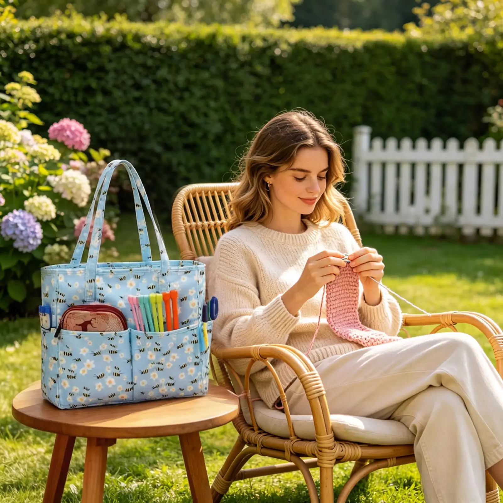 Crochet Project Bag Multi-Pocket Large Capacity Waterproof Smooth Zipper Tote Portable Knitting Bag Crochet Organizer For Ruler