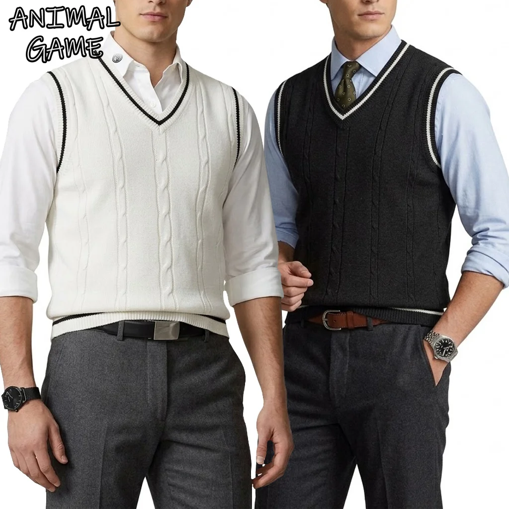 New Autumn Men Cable Knit Sweater Vest V Neck Sleeveless Striped Casual Classic Vintage Pullover Jumpers for Spring Sweatcoats