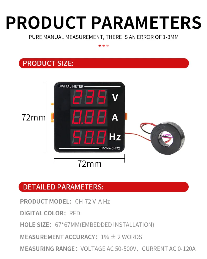 Digitalanzeige mit drei Displays, Strom, Spannung, Hertz-Amperemeter, 72 x 72 mm, V A, HZ – Detail 5