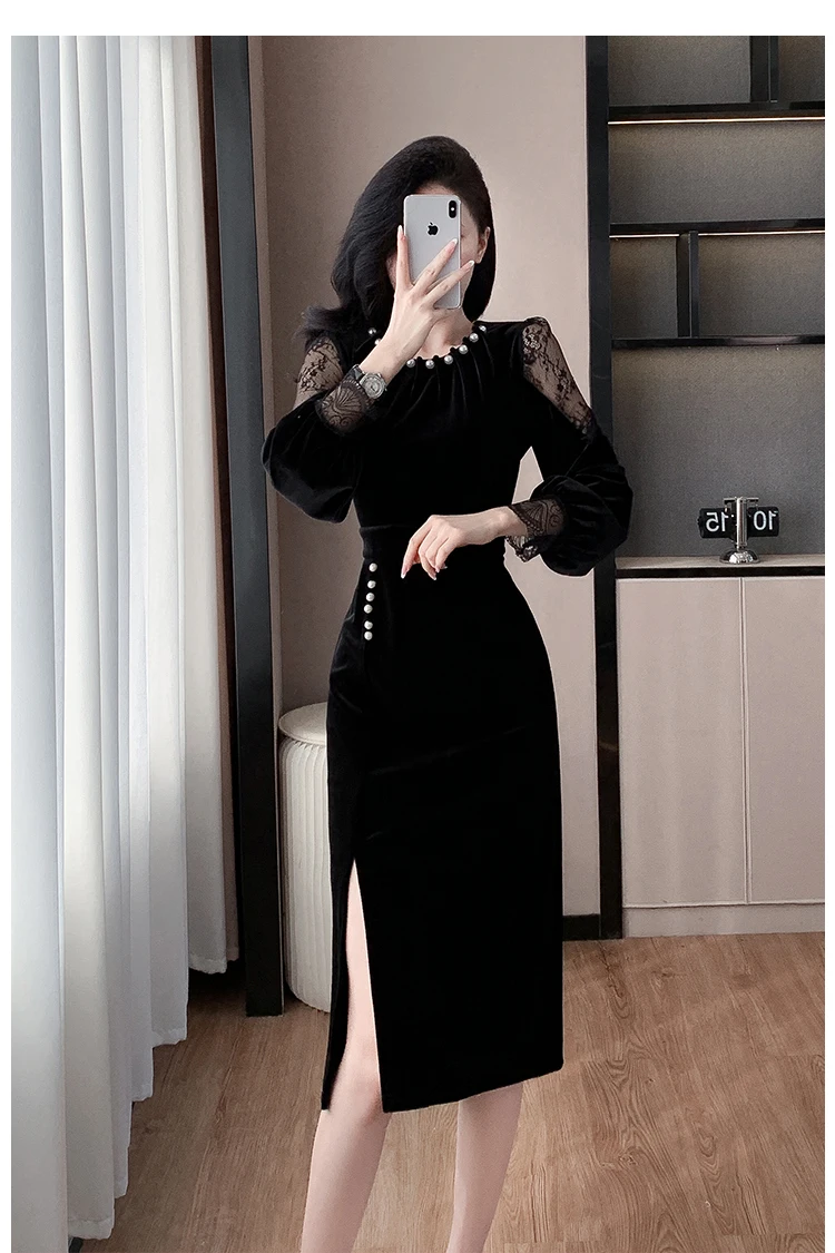 2024 Autumn New Black Vintage Velvet Midi Dresses Elegant Fashion Party Long Sleeve Female Clothing Luxurious Evening Dresses