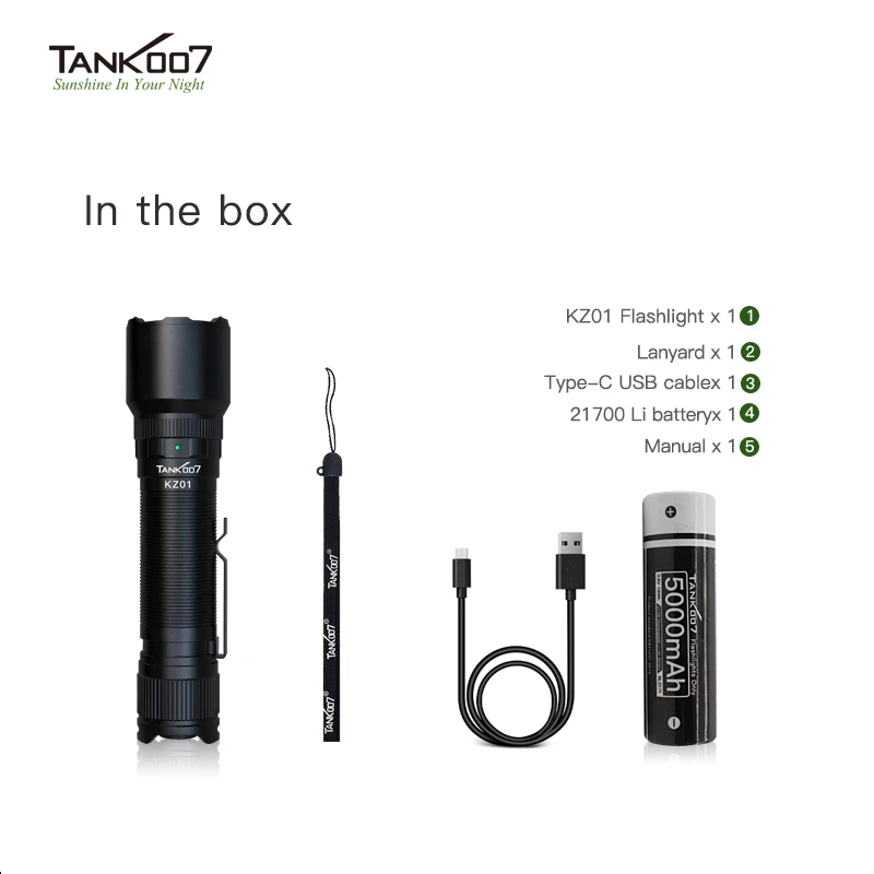 TANK007 KZ01 LED Flashlight High Power 4 Modes Waterproof Focus Zoomable Flash Lights Portable Torch Type-C Charging for Outdoor