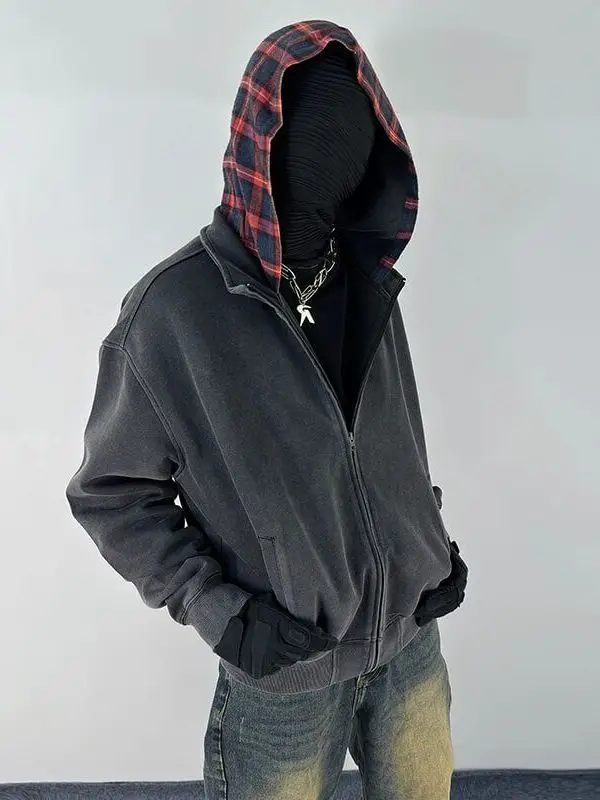 

Пледовый худи-кардиган в стиле пэчворк, винтажный, в стиле High Street, имитация двухслойности, Cleanfit, повседневный, свободный крой