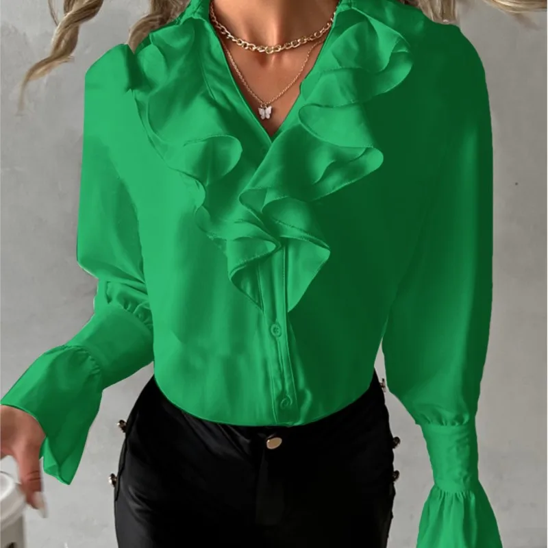 Camisa feminina de manga comprida com babados e decote em v cor sólida primavera e outono com camisa de chiffon plissada solta e elegante