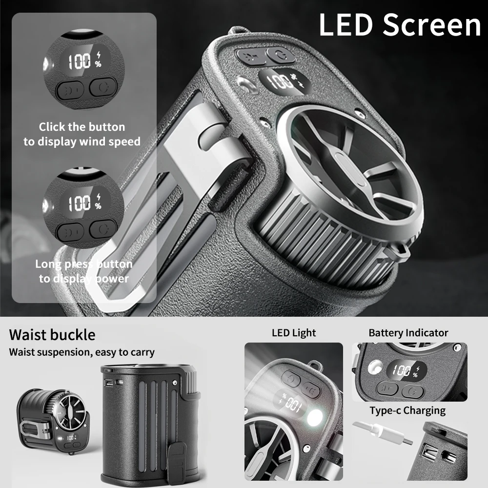 ポータブルウエストファン屋外吊り首ファン強風ベルトモバイル電源 LED 照明スポーツエクスプレス屋外作業用