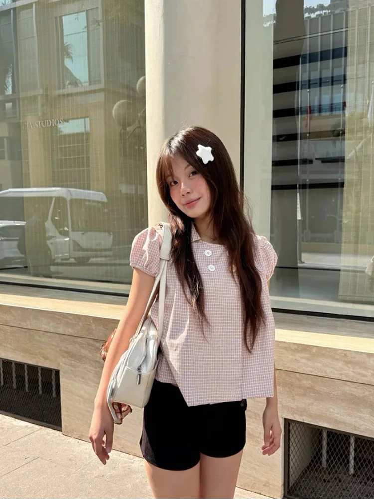 Summer Women Soft Girl Kawaii Gingham Plaid Collar Short Puff Sleeve Babydoll Blouse Loose Casual Sweet T-Shirt Top