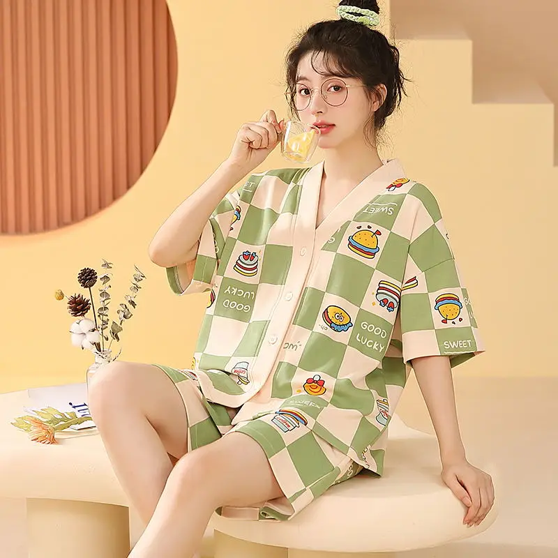 Plus Size M-2XL Cotton pajamas set For Women Summer Kimono Pijamas Set Cartoon Printed Nightwear V Neck Home Clothes Mujer Pyjam