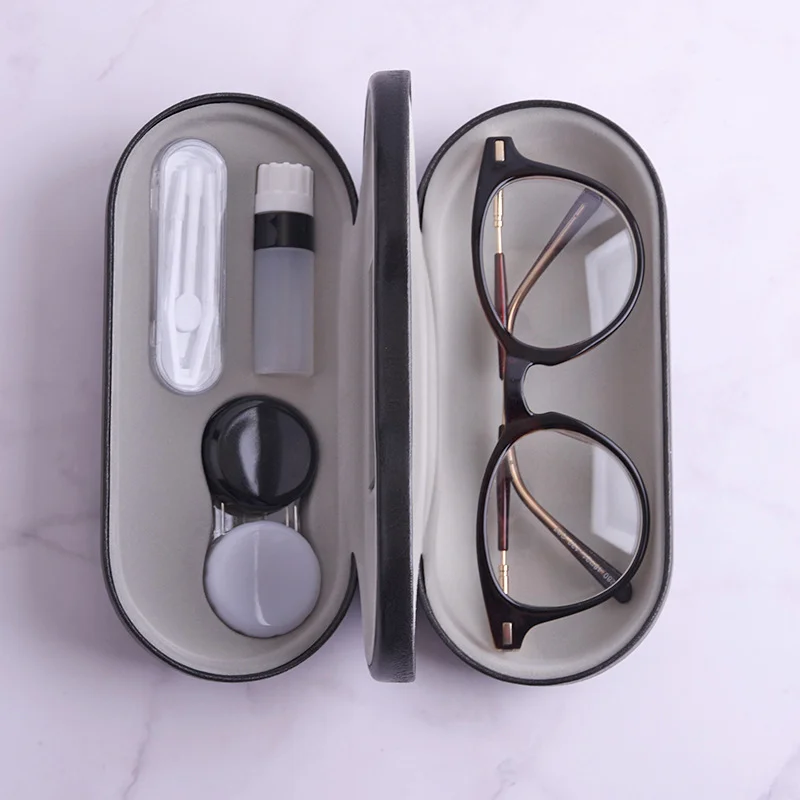 2 In 1 Double Layer Glasses Box Contact Lens Case For Men Women Creative Dual Use Glasses Case Eyewear Leather Steel Hinges