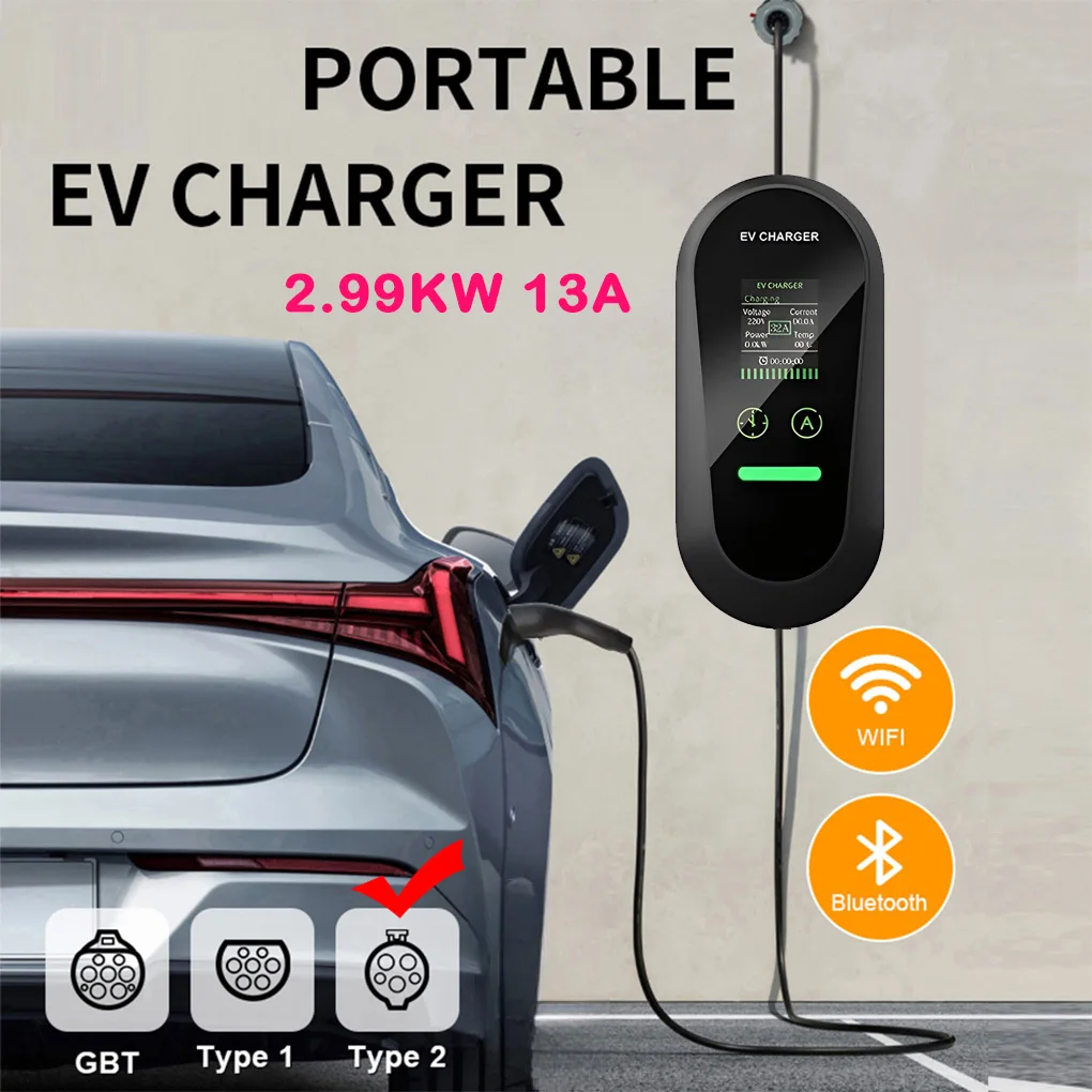 

Type 2 Portable EV Charger WiFi APP Bluetooth Control 99KW 5M EV Charger Cable OLED Display 1Phase Wallbox for Electric Vehicle