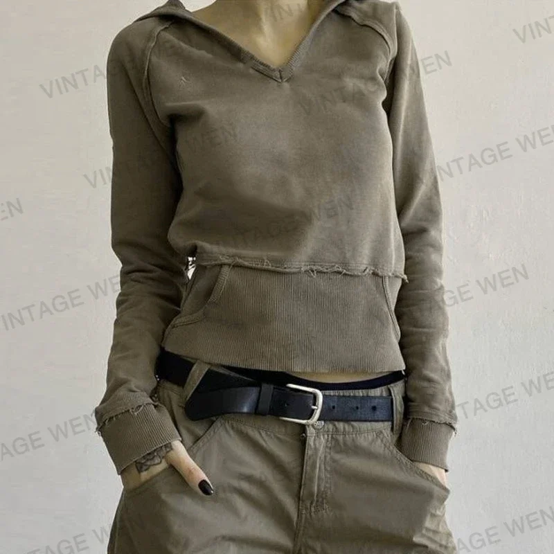 American-Style Short Gray Khaki Distressed Hooded Sweater Women's Fashionable Ins Long-Sleeved Top