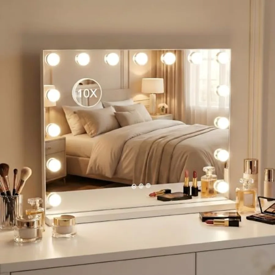 

Makeup Vanity Mirror with 15 Dimmable LED Bulbs 23"x18" Large Vanity Mirror with 3 Color Lights Detachable 10X Magnifying Mirro