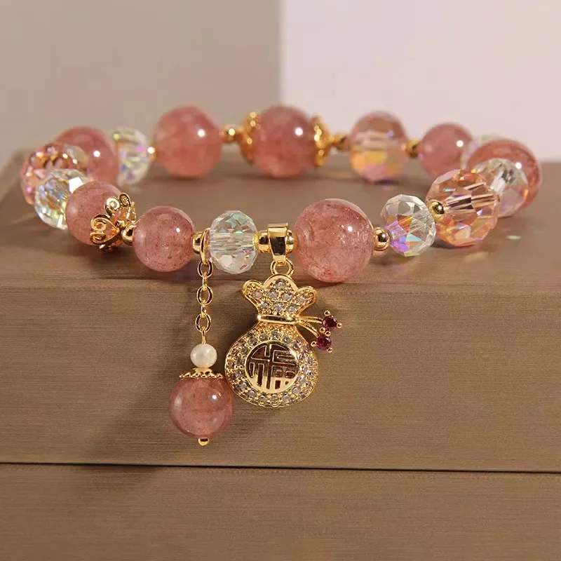 Natural Strawberry Crystal Bracelet Women's Money Bag Pendant Elastic Adjustable Bangles Anniversary Party Jewelry Gift
