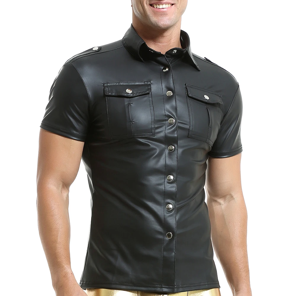 Men Sexy Faux Leather Short-sleeved Shirt Men Turn Down Collar Shaping Sheath Tee Shirts Sexi Leather Button Tops Night Clubwear