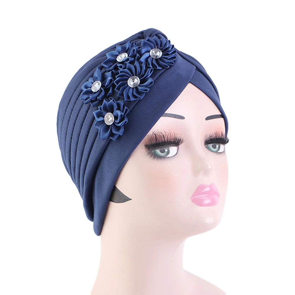 Women Turban National Style Muslim Hijabs Diamond Flower Beanie Elastic Head Wrap Cap Chemo Headwear Accessories