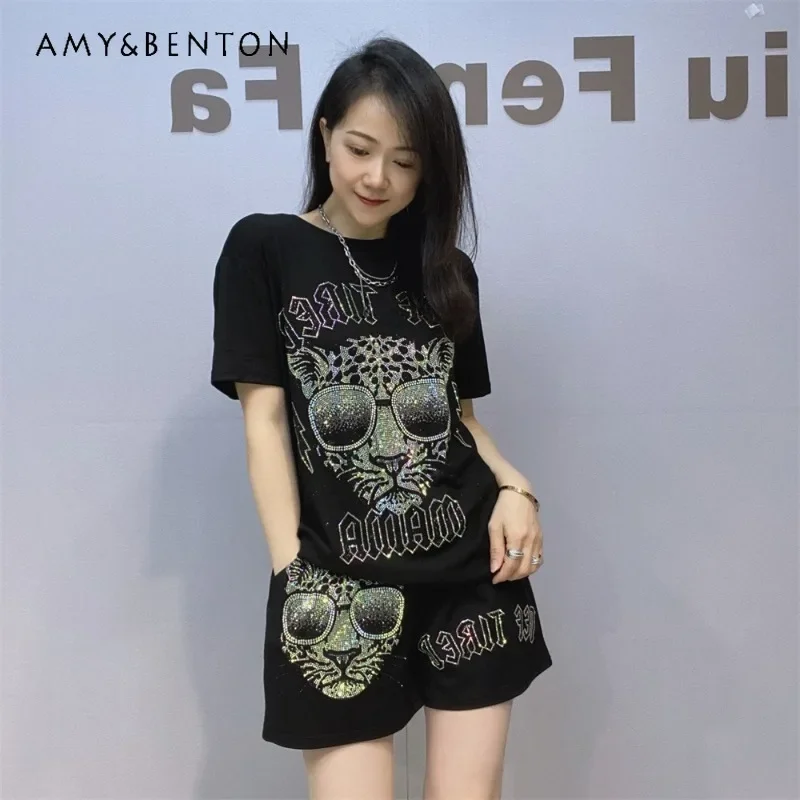 

2025 Summer Short-sleeved Tshirts Shorts Outfits Women's Casual Suit European Style Women's Diamond Drills T-shirt Two-piece Set