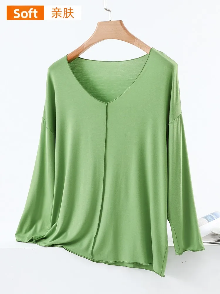 Afslankeffect Pure Color Modal Long Sve T-shirt Dames Herfst Dunne losse basis irt Casual plus size top