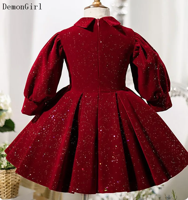 Robe de princesse à manches longues pour bébé fille, en velours bordeaux, Costume de fête pour enfant de 1 à 2 ans, nouvelle collection