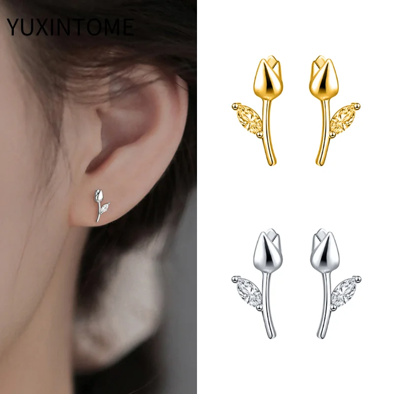 

Minimalist Tulip Earrings 925 Silver Needle Romantic Sweet Flower Stud Earrings for Women Crystal Small Ear Jewelry Gift