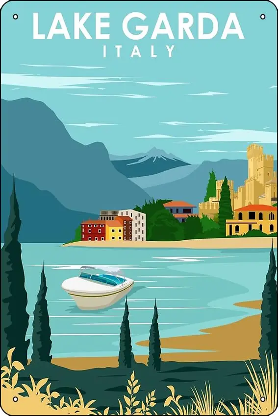 Lake Garda Italy Vintage Minimal Retro Travel Poster Art Print Metal Tin Sign Fun Home Art Wall Decor 8x12 Inch