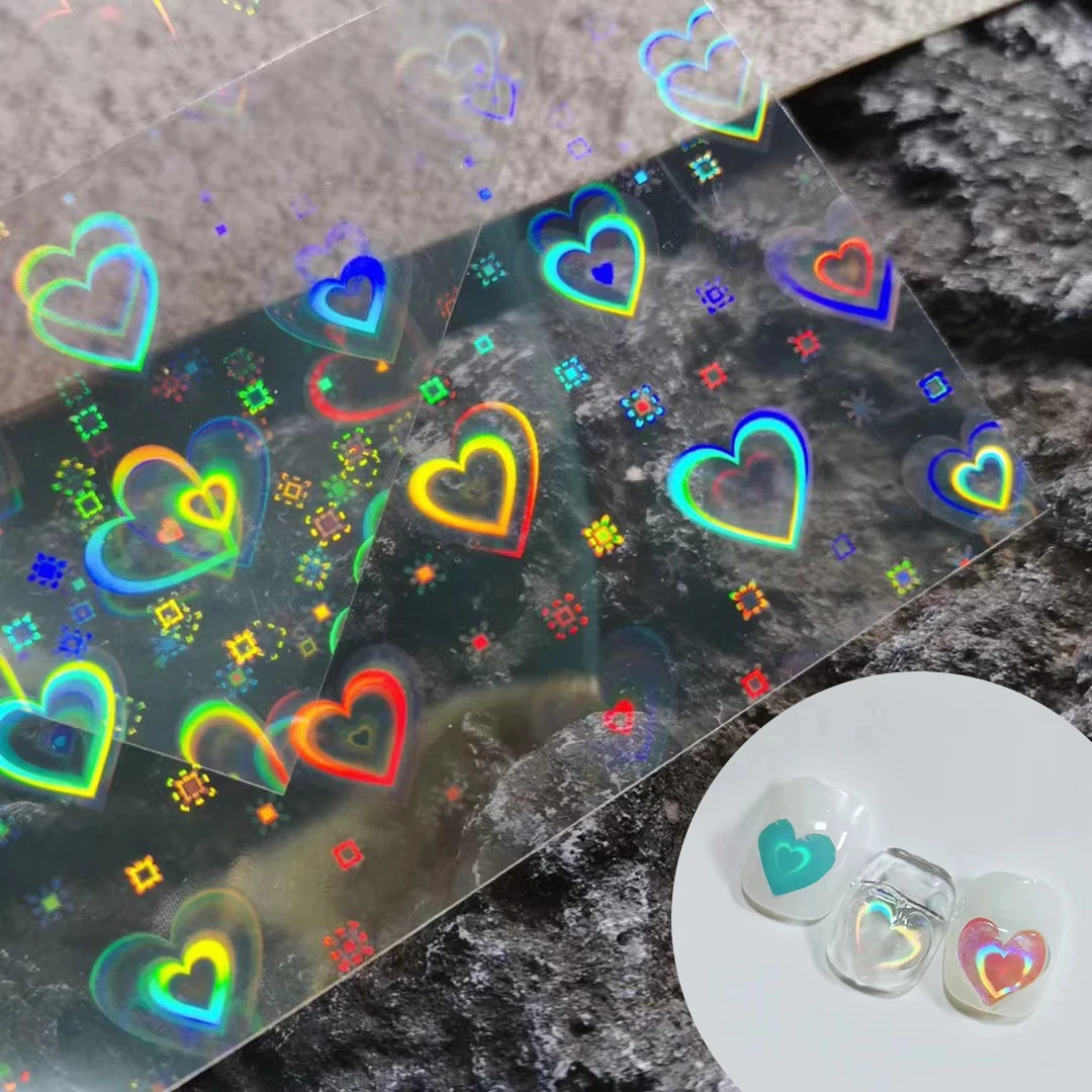 

Laser Heart Glitter Nail Stickers on Nails New Year Beam Aurora Cute Hearts Luminous Nail Stickers Hologram 3d Engraved Nail Art