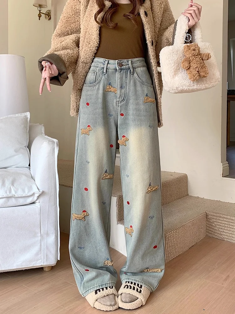 

Джинсы женские прямые с высокой талией, свободные, с вышивкой в виде мультяшного таксы, весенний дизайн, облегающие, в пол, широкие штанины