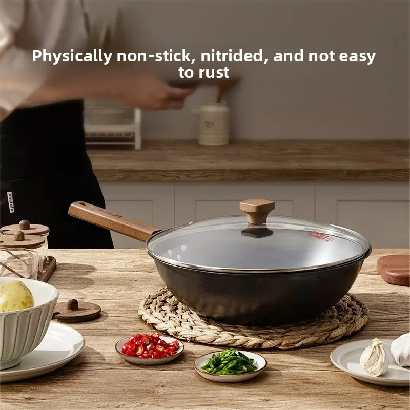 DSA iron pot household no-coating old-style wok, induction cooker universal, low oil smoke frying pan 4