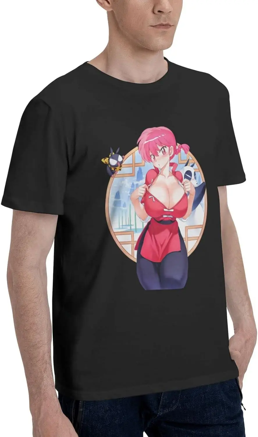 Anime Ranma ½ Shirt Cotton Short Sleeve Fashion Tops for Men Black