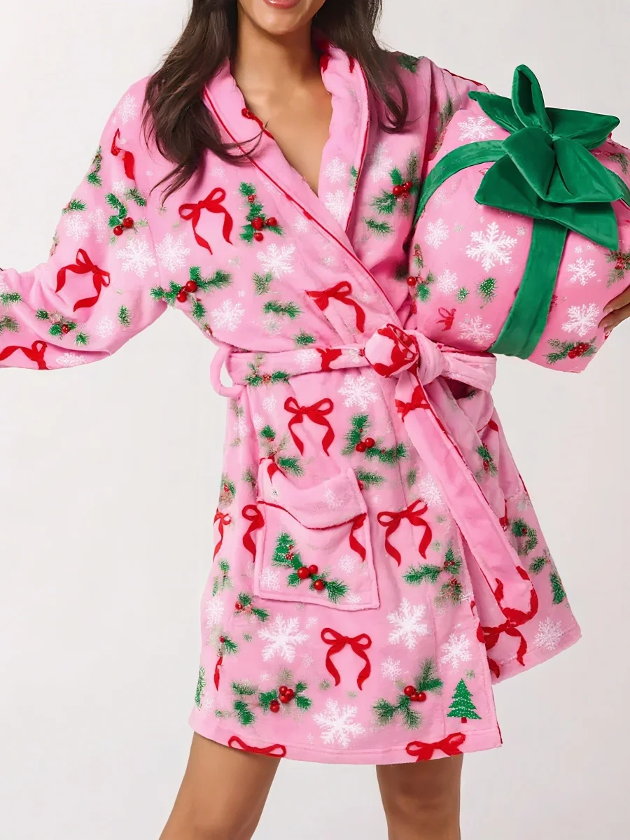 2026 عيد الميلاد غامض الصوف الجلباب للنساء دافئ أفخم البشكير شال طوق شتاء دافئ قصير الجلباب مع جيوب حزام #4