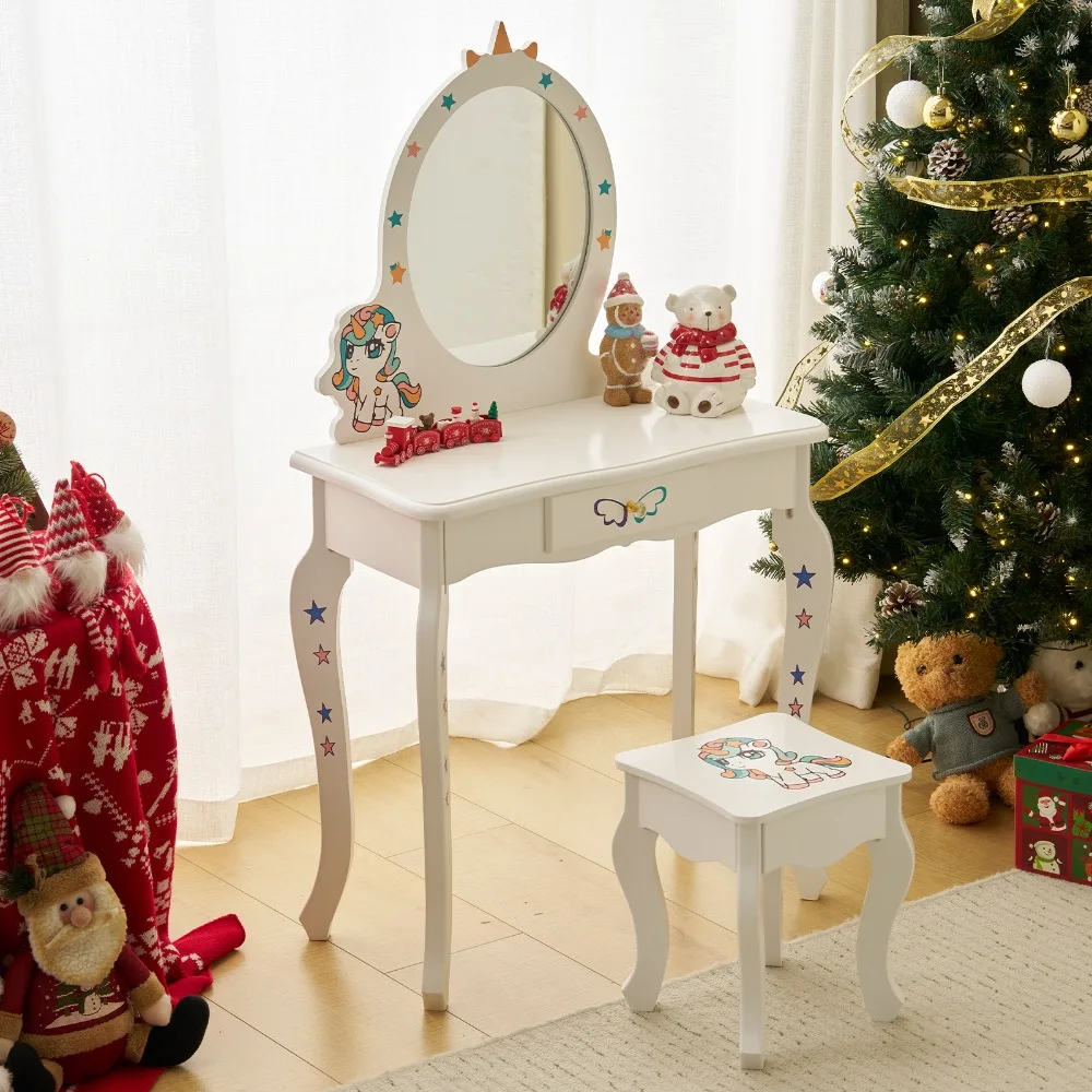 Ensemble Table et chaise de vanité pour enfants, vanité pour filles avec miroir, Design licorne mignon, coiffeuse de maquillage pour jeu de simulation, Table de princesse