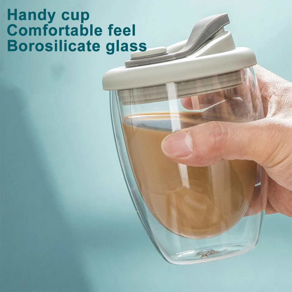 Transparent Double Layer Wall Glass Cup with Silica Leak Proof Lid Insulated Coffee Mug Juice Milk Teacup for Travel Drinkware