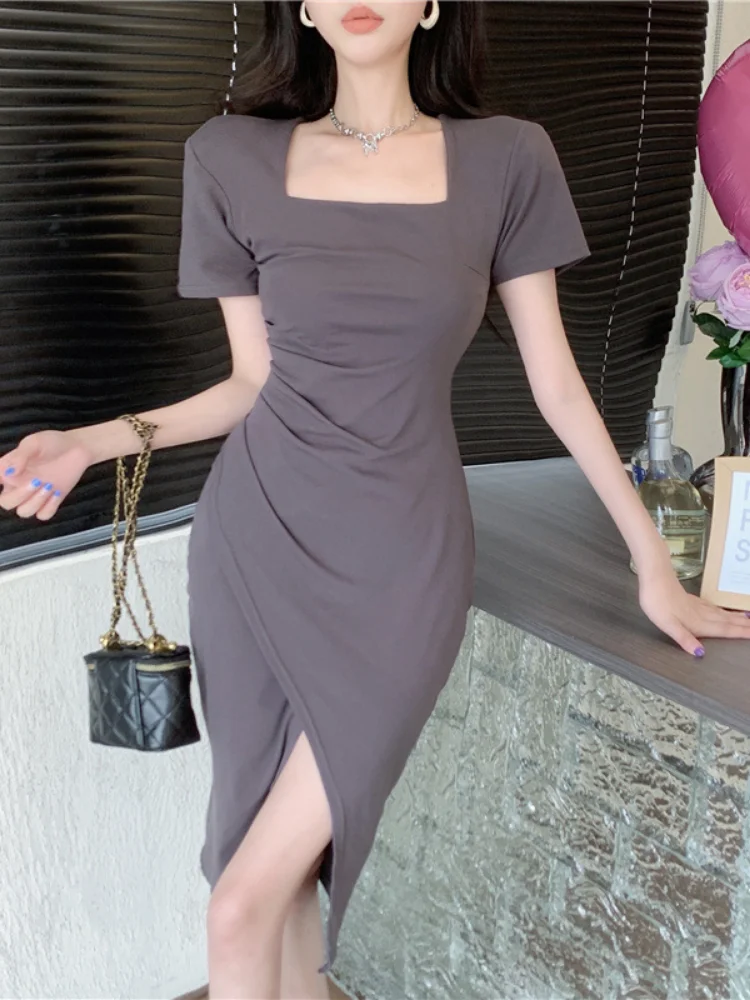 

Fashion Y2k Woman Dress Square Collar Women Bodycon Dresses Korean Vestidos De Mujer Elegant Robe Pleated Party Dress Clubwear