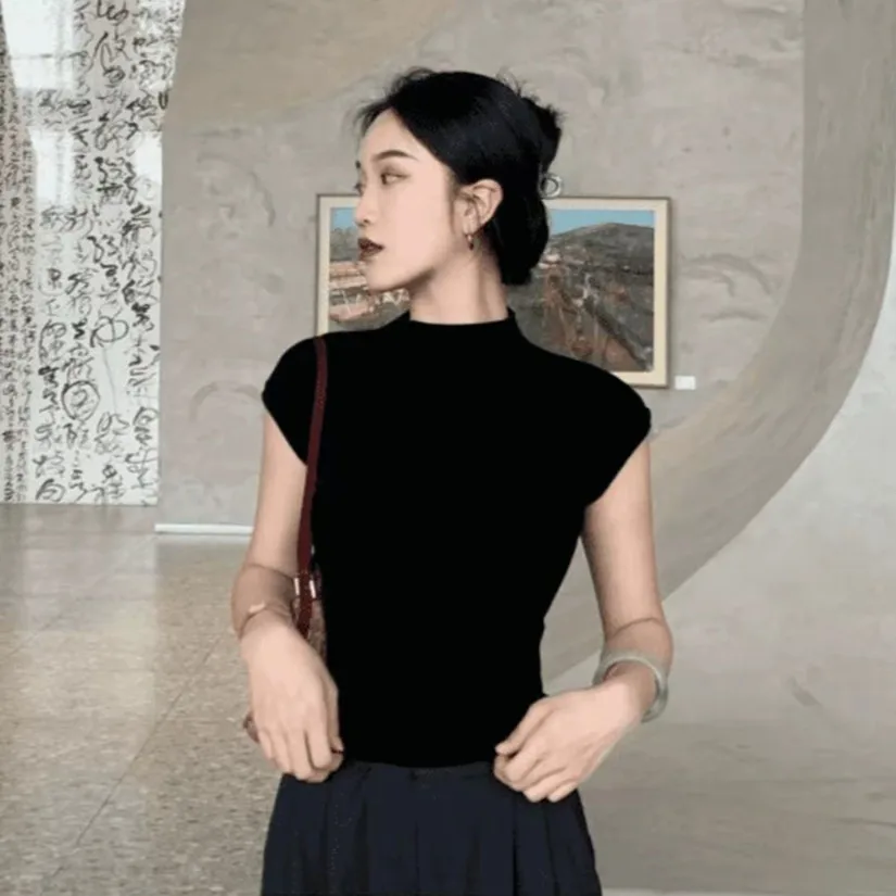 Slim Fit Half High Collar Short Sleeve T-Shirt Women's New Large Size Fat MM Commute Style Inner Wear Outer Wear Base Shirt