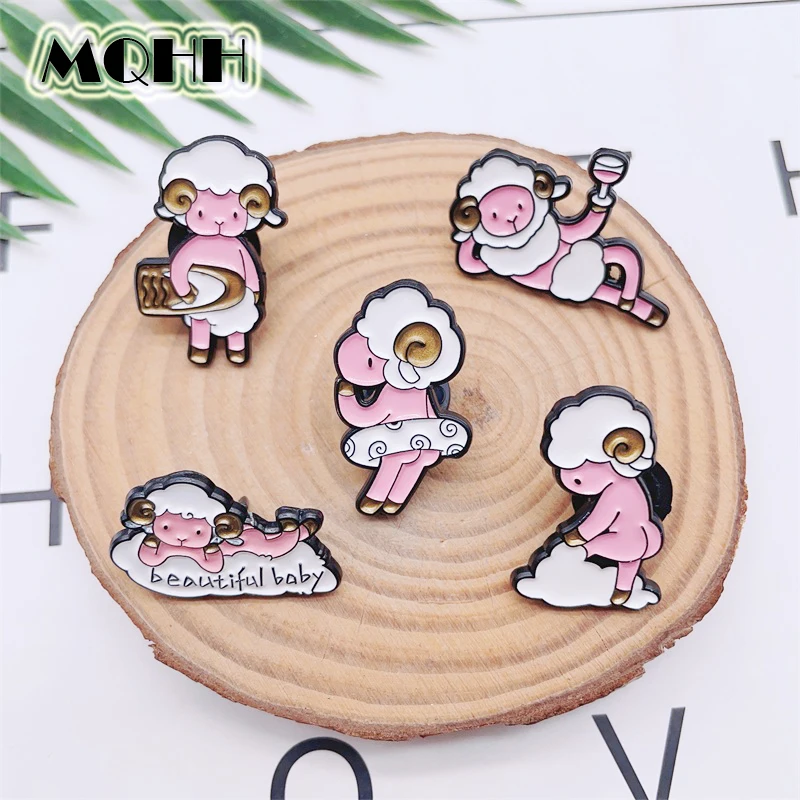 Cartoon Cute Animal Sheep Enamel Pins Swimming Surfing White Cloud Sexy Alloy Brooch Badge Sweet Jewelry Gift