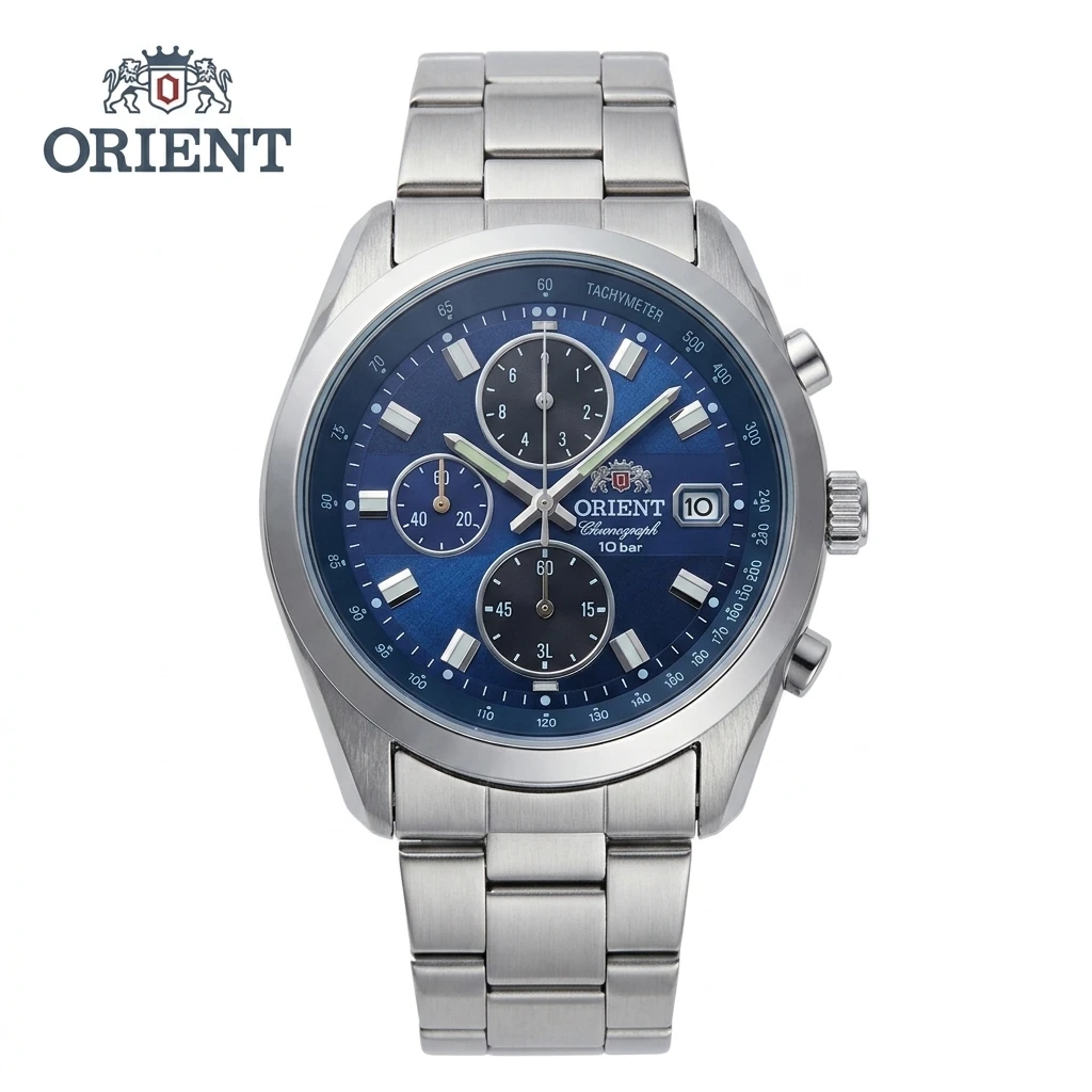 Japan Orient Men's Sports Quartz Chronograph Watch with Tachymeter Scale Date Display 100M Waterproof Stainless Steel Wristwatch