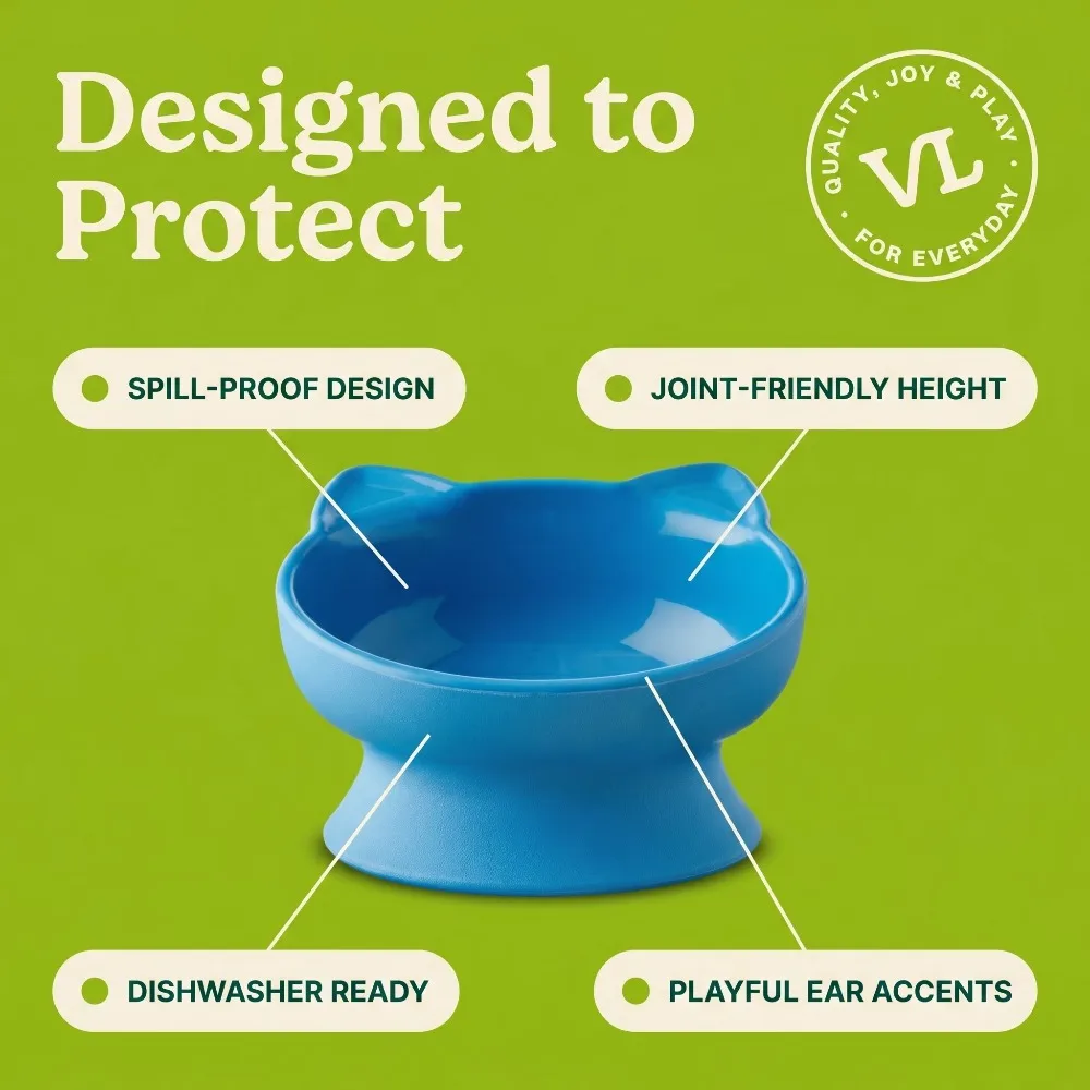 Elevated Cat Bowl with Ears Design Pet Food Water Dish Cute Non Slip Plastic Feeding Container for Cats and Small Dogs Blue view 2