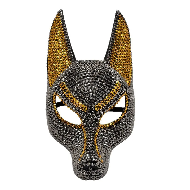 Maschera Anubis con strass scintillanti Maschera per travestimento del dio egiziano della morte per oggetti di scena per costumi di Halloween Maschera cosplay per feste in maschera
