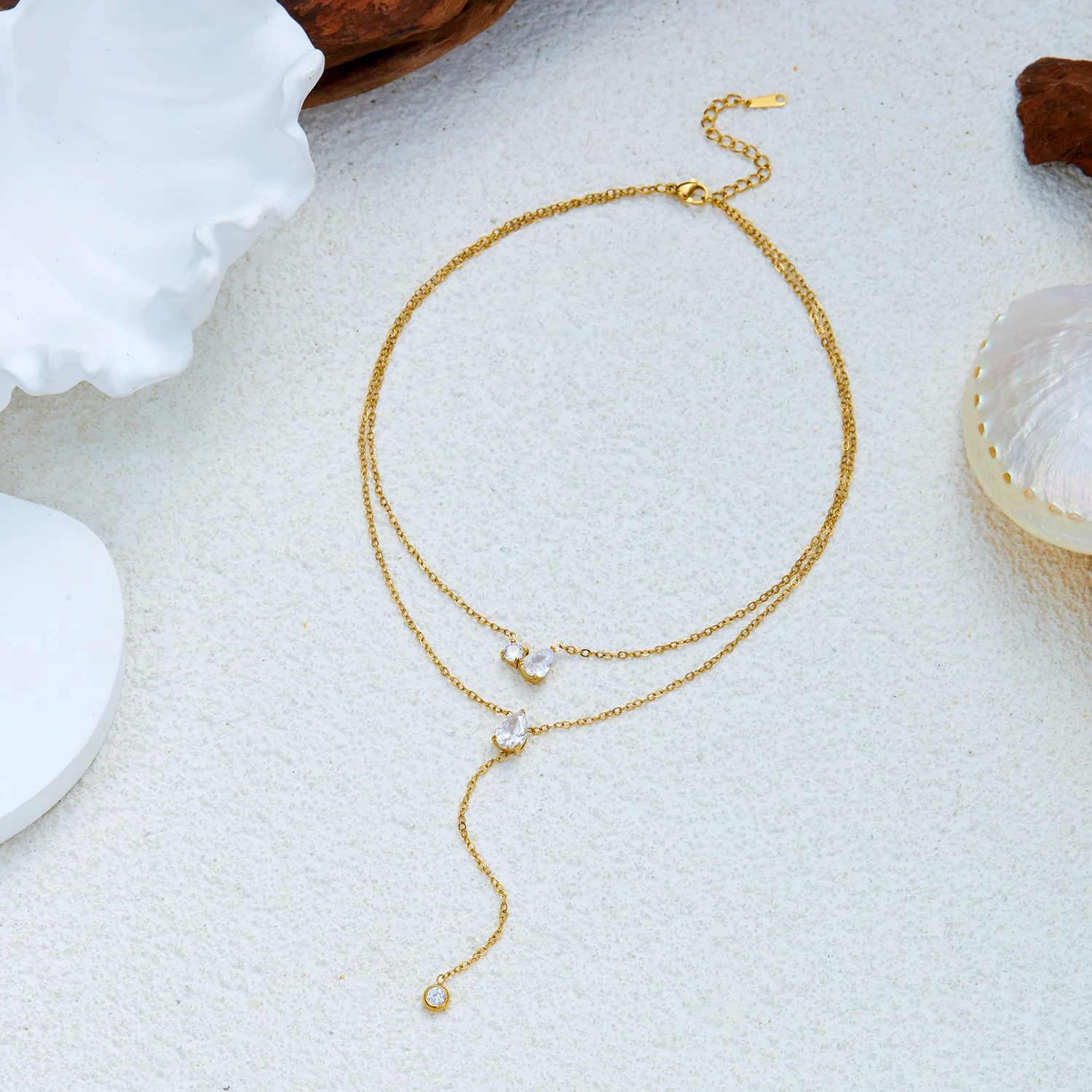 Kubisches Zirkonia Edelstahl Mehrschichtige Y-Halskette für Damen, Wasserfest, Anlaufgeschützt, Vergoldet, Doppelkette, Party-Schmuck, Geschenk – Detail 7