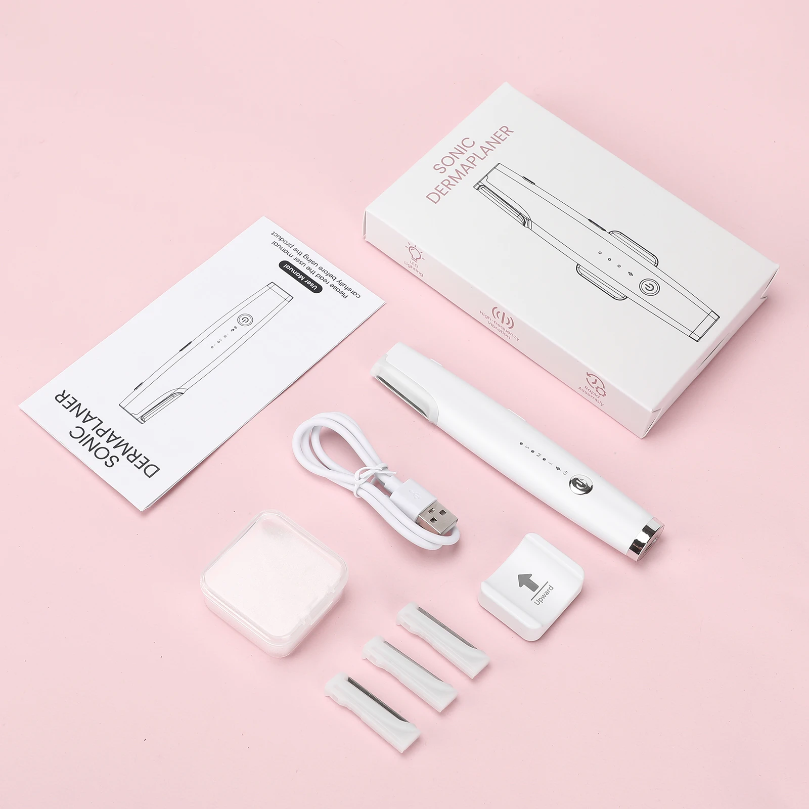 

Электрическая бритва для удаления волос, 4 сменных головки, зарядка, 3 уровня скорости, светодиодная подсветка, магнитная основа, портативная белая эпиляция