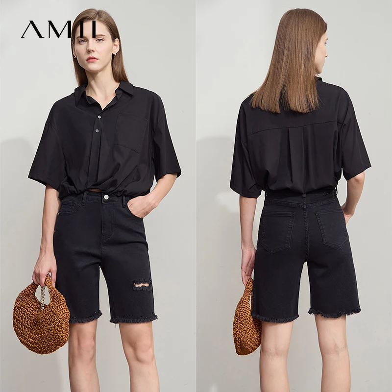 AMII ミニマリストカジュアルデニムショーツ女性夏 2025 ソリッドホールフィットジーンズ女性の新多用途ジッパーショートパンツ 12542207