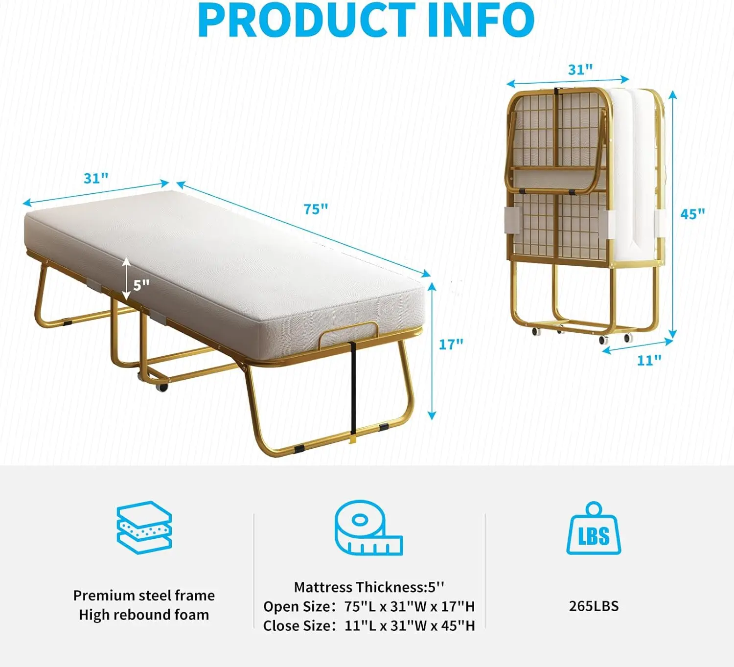 Folding Bed with 4 Inch Memory Foam Mattress, Single Rollaway Bed for Guests, Space Saving Portable Bed with Lockable Wheels, Ea