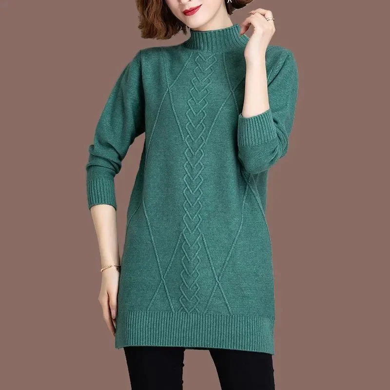 Mid Long Women\'s Half High Neck Sweater Pullover New Autumn Winter Warm Solid Knitted Sweater Jumper Female Tops Bottoming Shirt