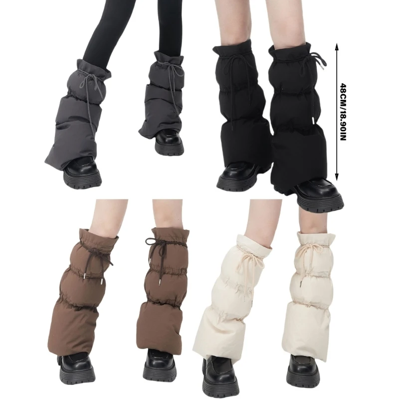 Women Winter Padded Puffer Leg Warmers for Outdoor Work and Sports Adjustable Drawstring Flared Boot Covers Long Socks