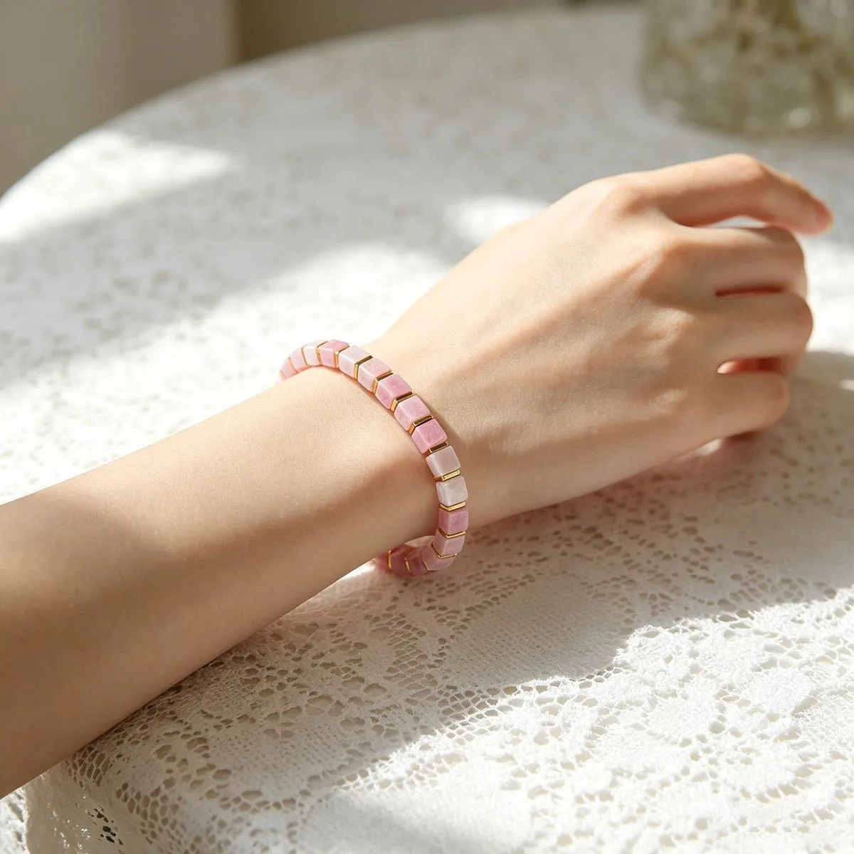 Cute Style Rhodonite Square Beaded Love Spell Bracelet, Handcrafted Natural Stone Jewelry for Delicate Skin,