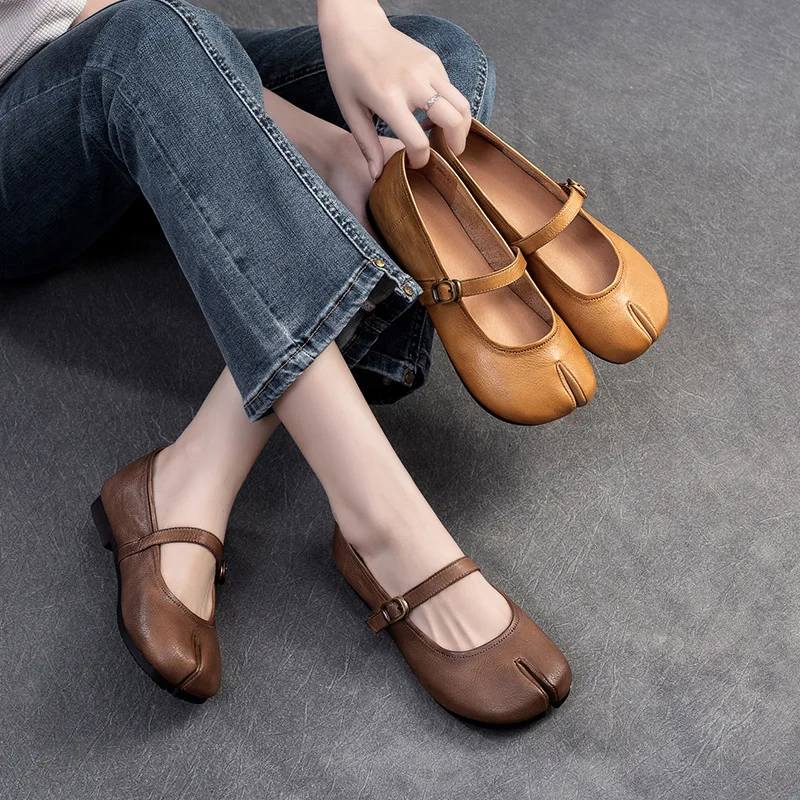 

2024 autumn new comfortable all-match flat single shoe head layer cowhide toe Loafer Brown Shoes retro Mary Janes women's shoes