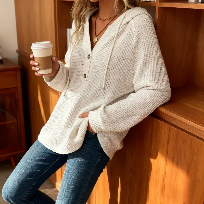 

Cross-border new women's hoodie knitted drawstring buttons V-neck long sleeve pullover casual sports sweatshirt