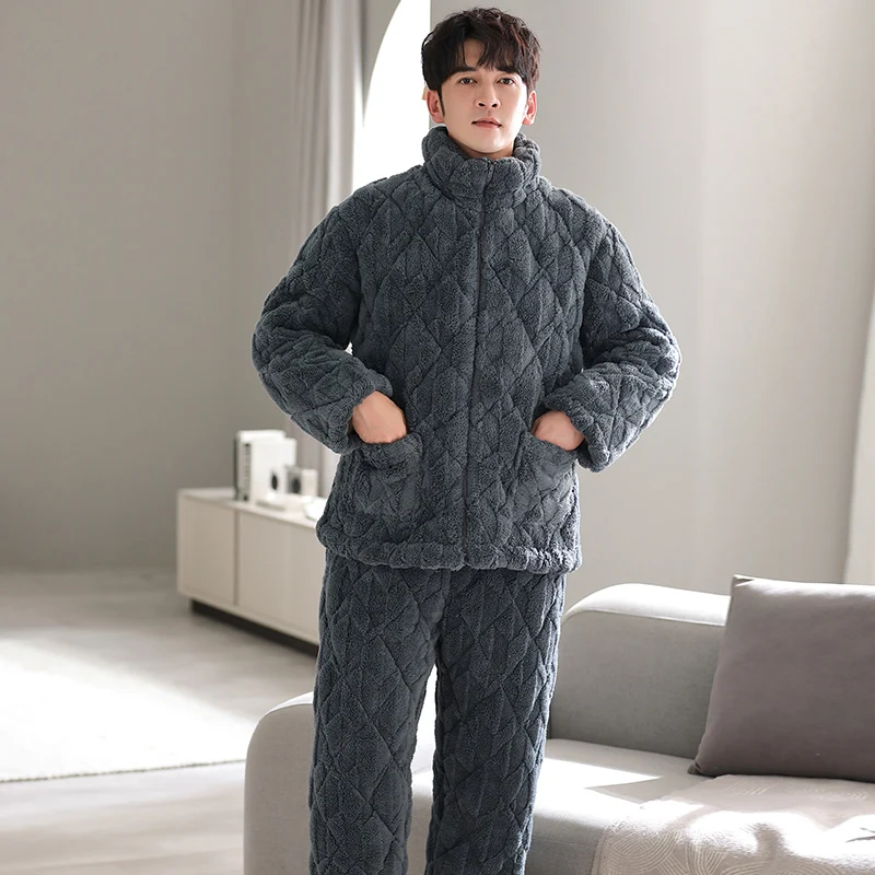 

Male Pajamas Set With Zipper Winter Coral Velvet Padded Pyjamas Mens Thick 3 Layers Quilted Warm Sleepwear Pijamas Lounge Wear