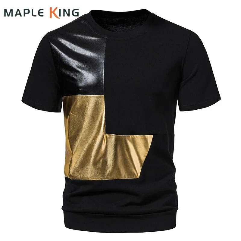 Men\'s Glossy Metallic Colorblock Patchwork Cotton Tee Shirt Homme 2023 Summer Steampunk Hip Hop T-shirts Men Clothes Streetwear