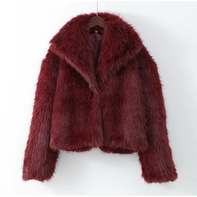 Vintage Red Faux Fox Fur Short Coat For Women Elegant Solid Lapel Long Sleeve Loose Jacket Winter Plush Warm High Street Outwear