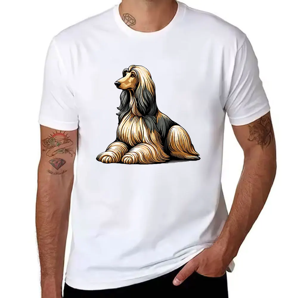 Men's Cotton T-Shirt with Elegant Afghan Hound Print, Casual Crew Neck Short Sleeve Tee for Dog Lovers