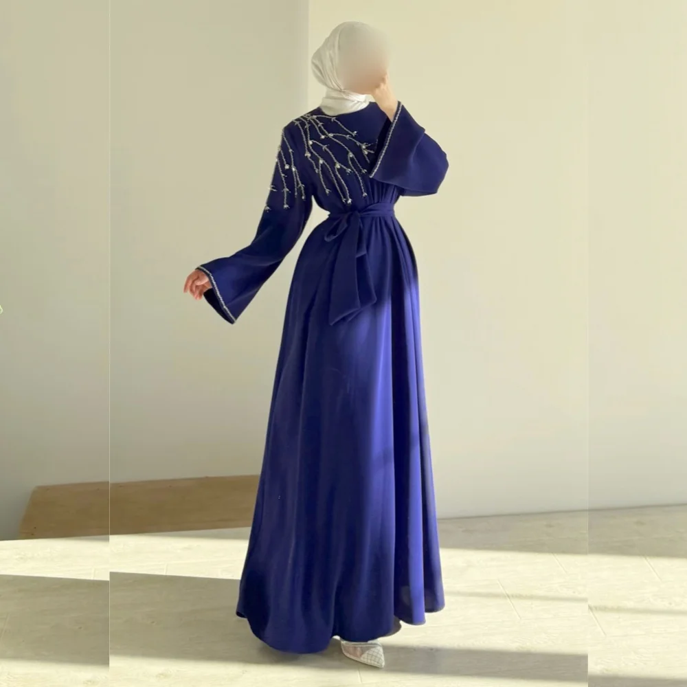 

Customized Pleat Glitter O-Neck Long Sleeves A-line Long Dresses Women's Evening Gowns Bespoke Occasion Prom Elegant Party