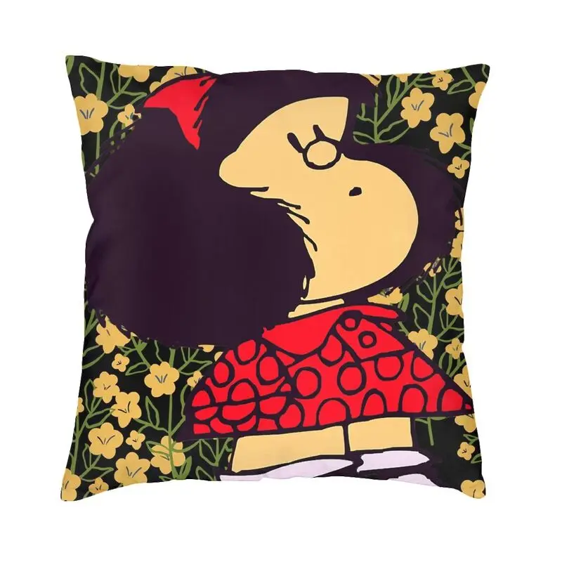 Mafalda And Flowers Square Pillow Case Home Decorative Cushion Cover Throw Pillow for Living Room Double-sided Printing